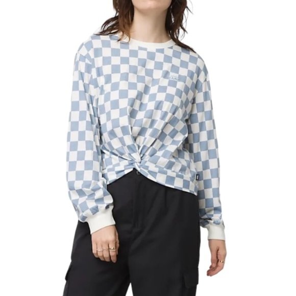 VANS Printed Knotty Long Sleeve Tee Ashley T-Shirt Check Blue White VN0A7YYJBD2 - Picture 1 of 11